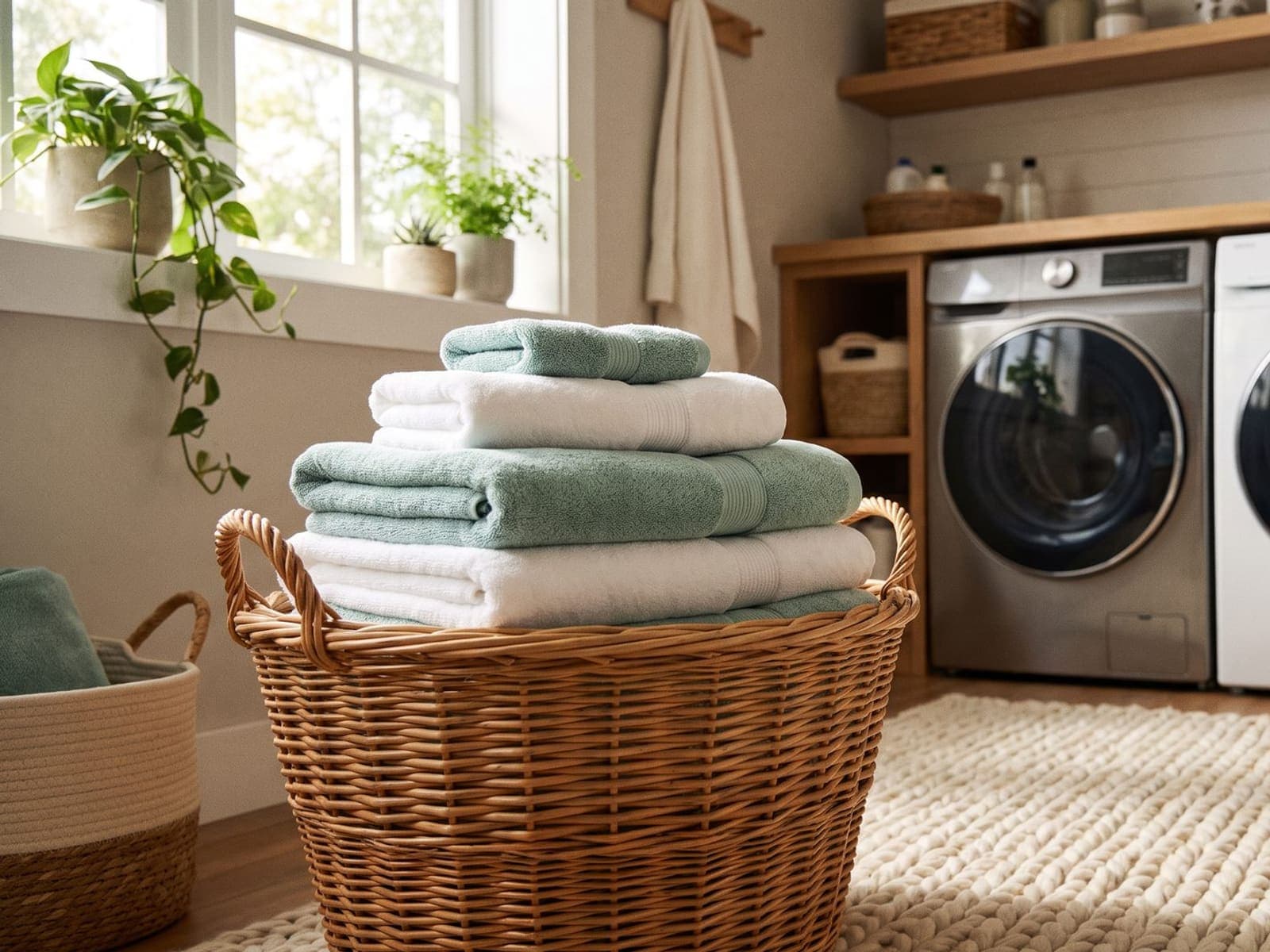 Folded teal and white towels in a basket beside a washer and dryer