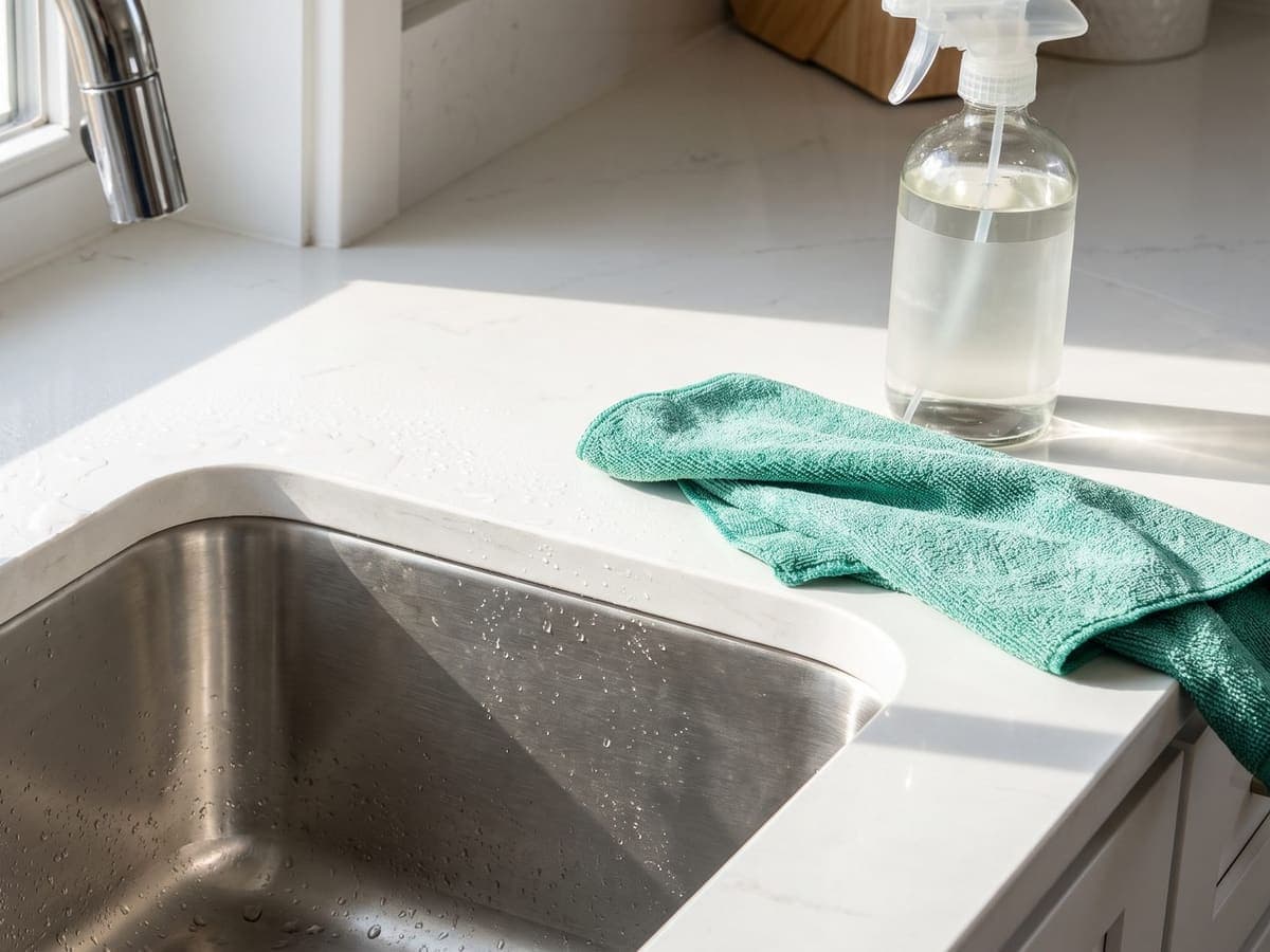 Gleaming stainless sink with a teal microfibre cloth
